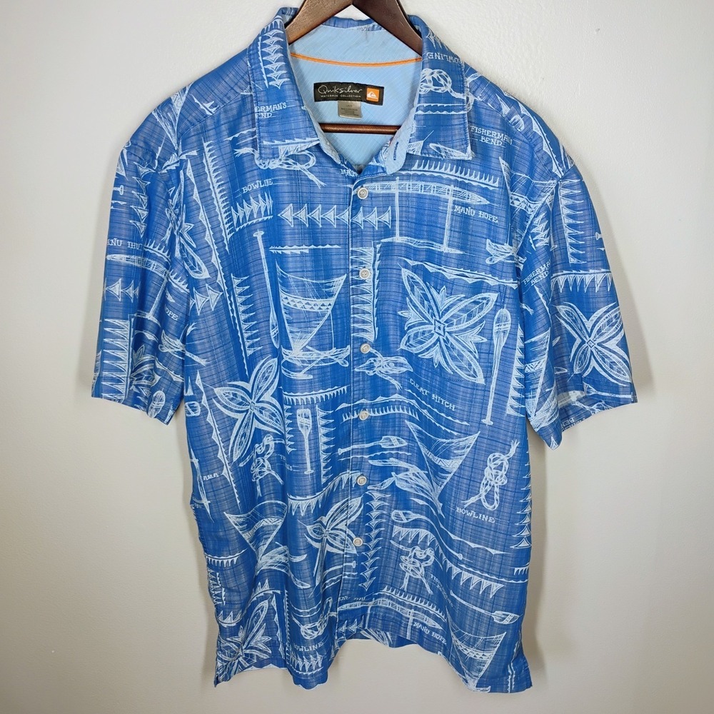 Quiksilver Waterman Shirt Mens L Blue Nautical Knots Coastal Boat Tribal Viscose
